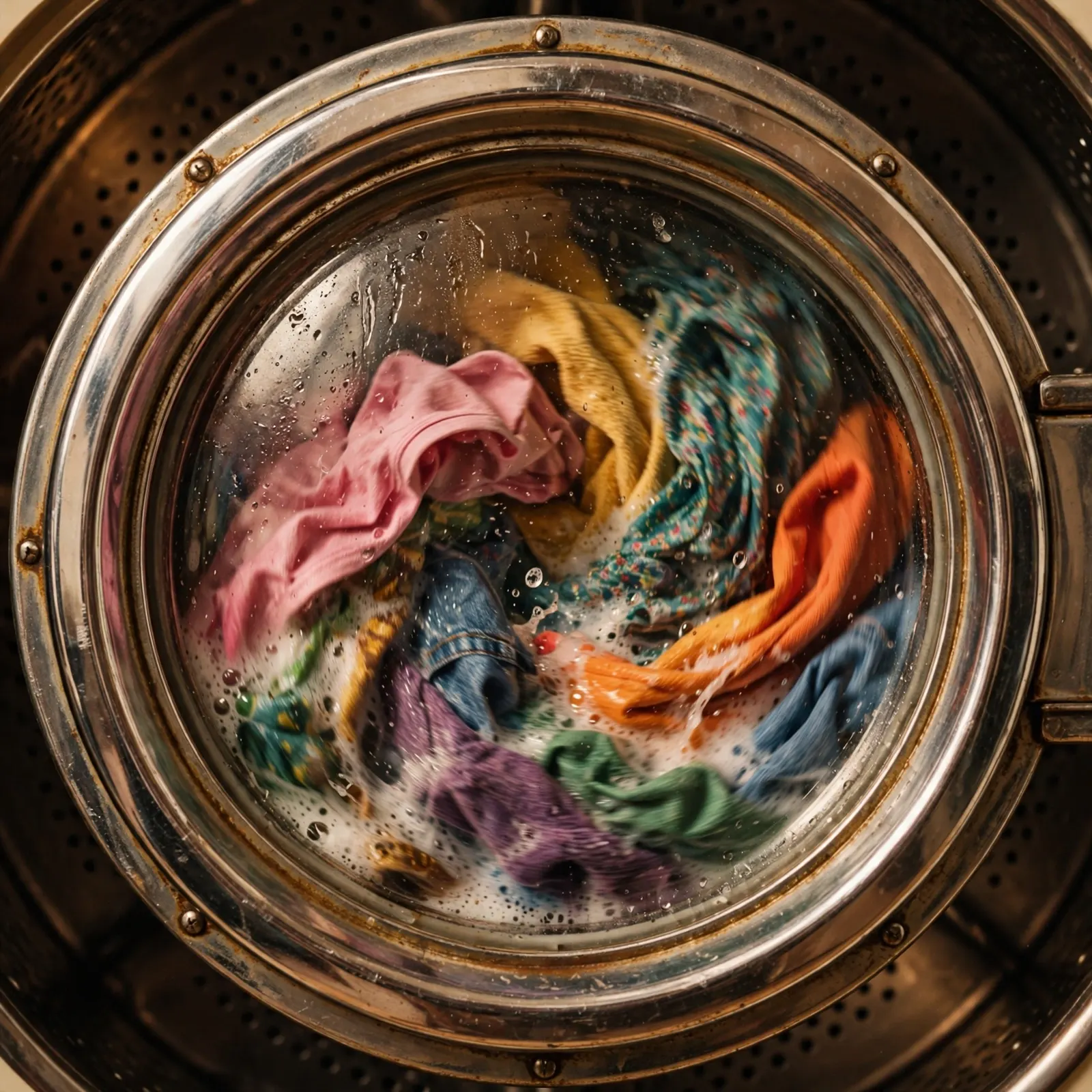 Close-up of a round washing machine porthole with clothes tumbling inside