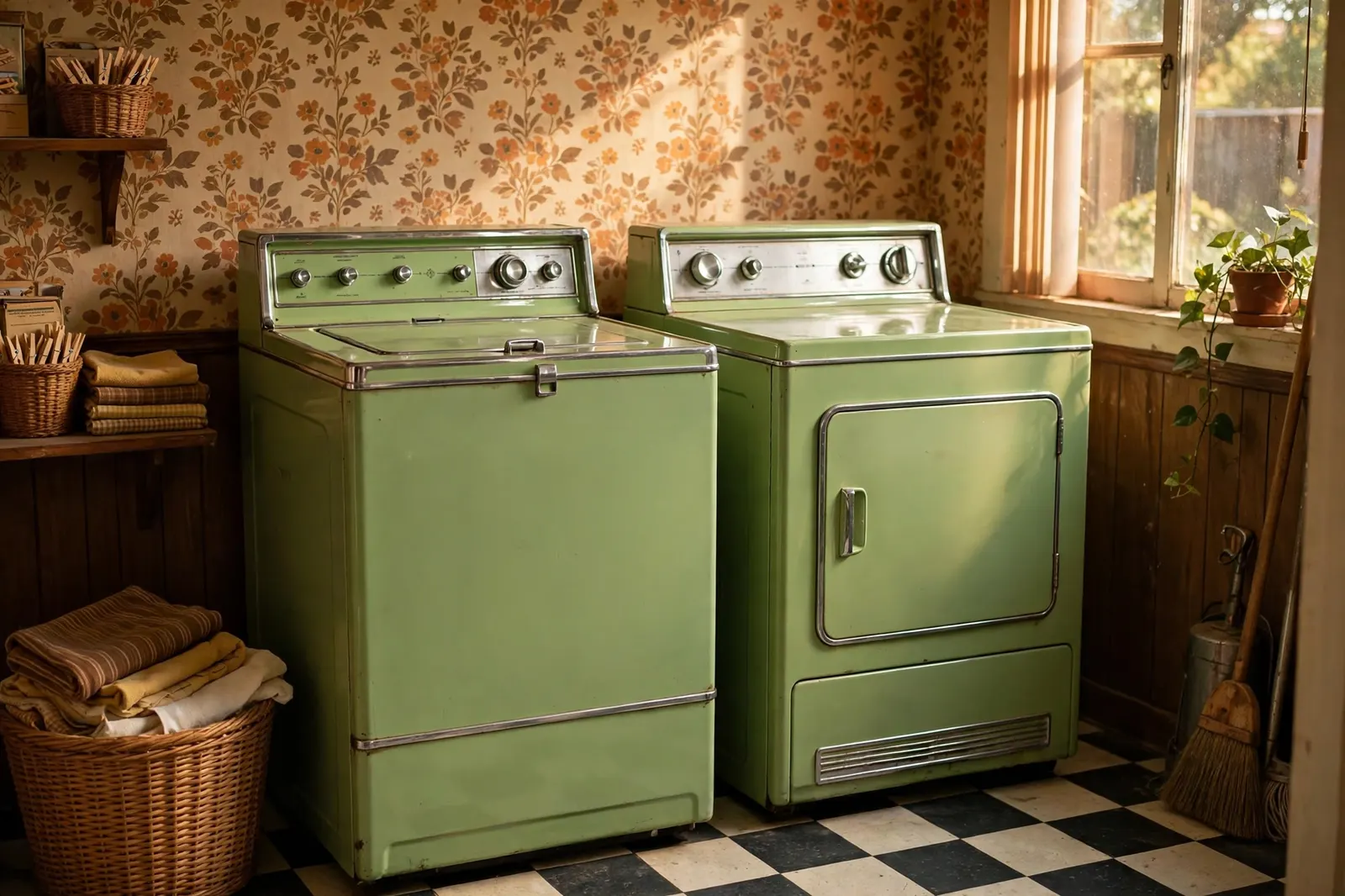 Vintage avocado-green washer and dryer pair in a sunlit retro laundry room